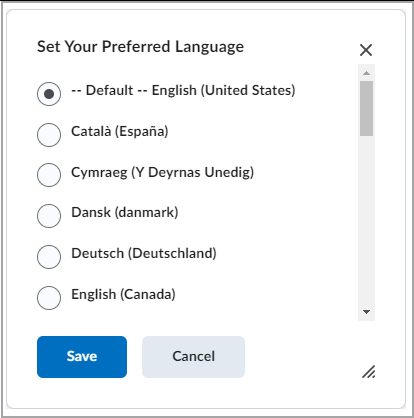 The Language Selector window.