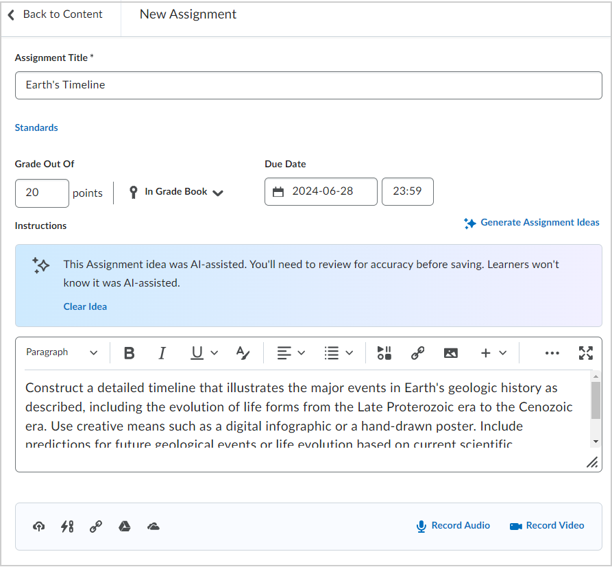 The Assignment Title field, the Grade Out Of field, and the Due Date field. The generated idea is in the description.