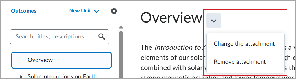 The context menu highlighted on the Course Overview page