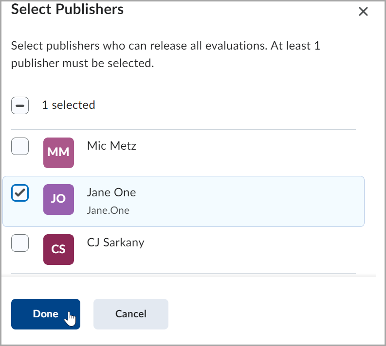 A caixa de diálogo Selecionar editores com um editor selecionado. A caixa de diálogo informa que pelo menos um editor deve ser selecionado. As opções na parte inferior incluem Concluído e Cancelar