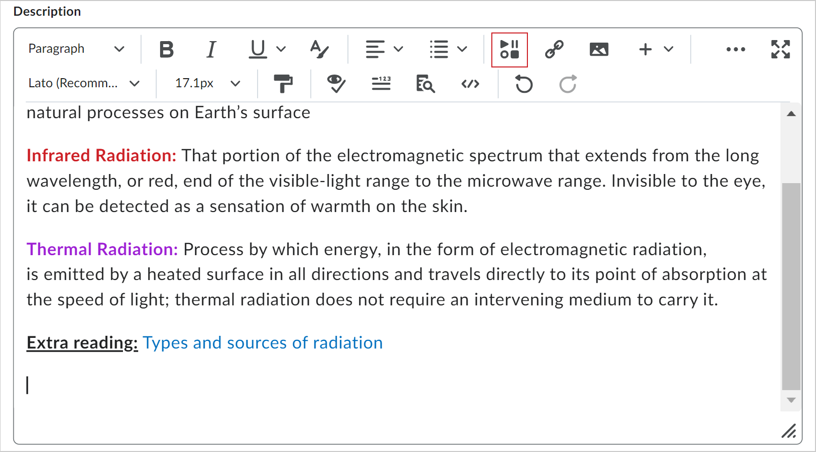 El botón Insertar objetos que se muestra en la barra de herramientas del editor de Brightspace para un tema de contenido.