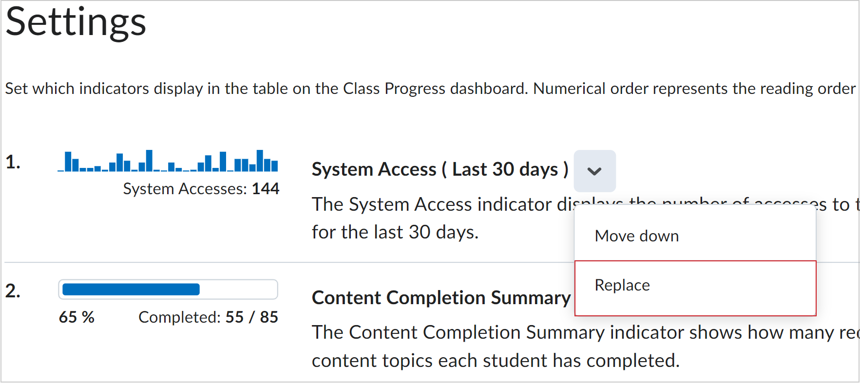 The Replace option in the drop-down menu for an indicator.