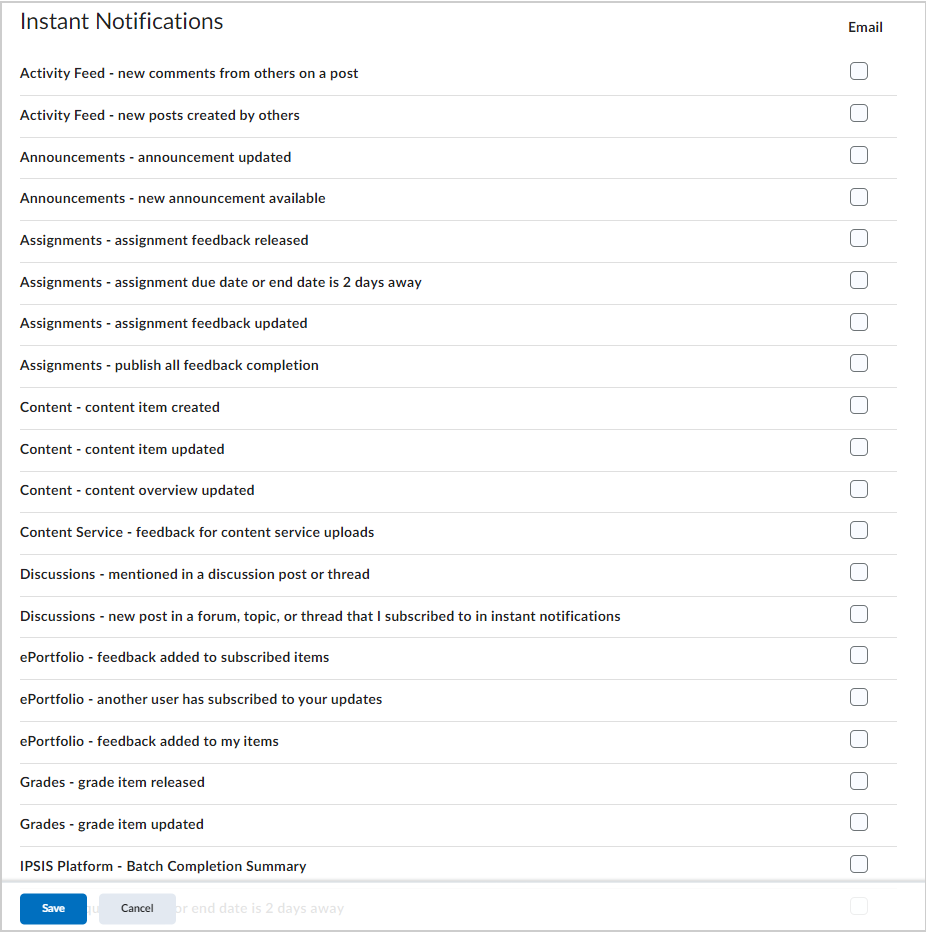A seção Notificações instantâneas mostra as opções de notificações de e-mail