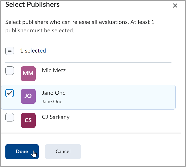 The Select Publishers dialog with one publisher selected. The dialog states that at least one publisher must be selected. Options at the bottom include Done and Cancel