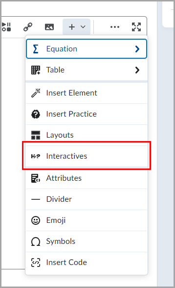 Brightspace Editor showing the Other Insert Options menu, with options including Equation, Table, Insert Element, Insert Practice, Layouts, Interactives, Attributes, Divider, Emoji, Symbols, and Insert Code