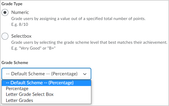 As opções Tipo de nota e Esquema de notas.