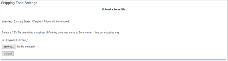 The Shipping Zone Settings page showing the Browse and Upload buttons for uploading a zone file