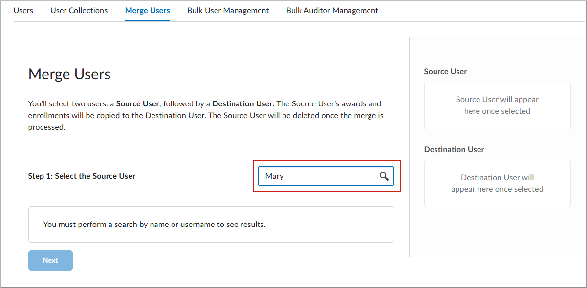 Merge Users page showing search field used to find a source user