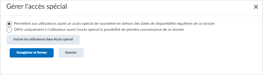 La page Gérer les accès spéciaux.