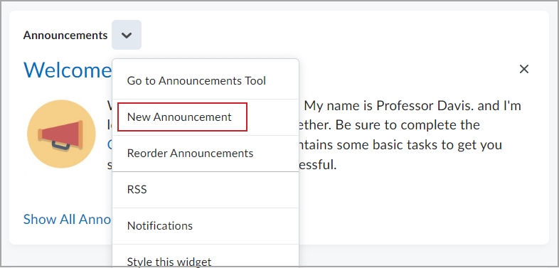 The New Announcements option on the Announcements drop-down menu.