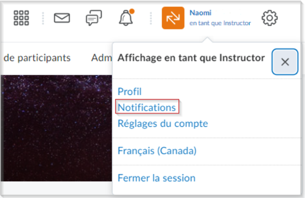 L'option Notifications dans la minibarre, après avoir cliqué sur votre nom.