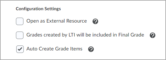 The Auto Create Grade Items LTI Advantage Deployment configuration setting is ON