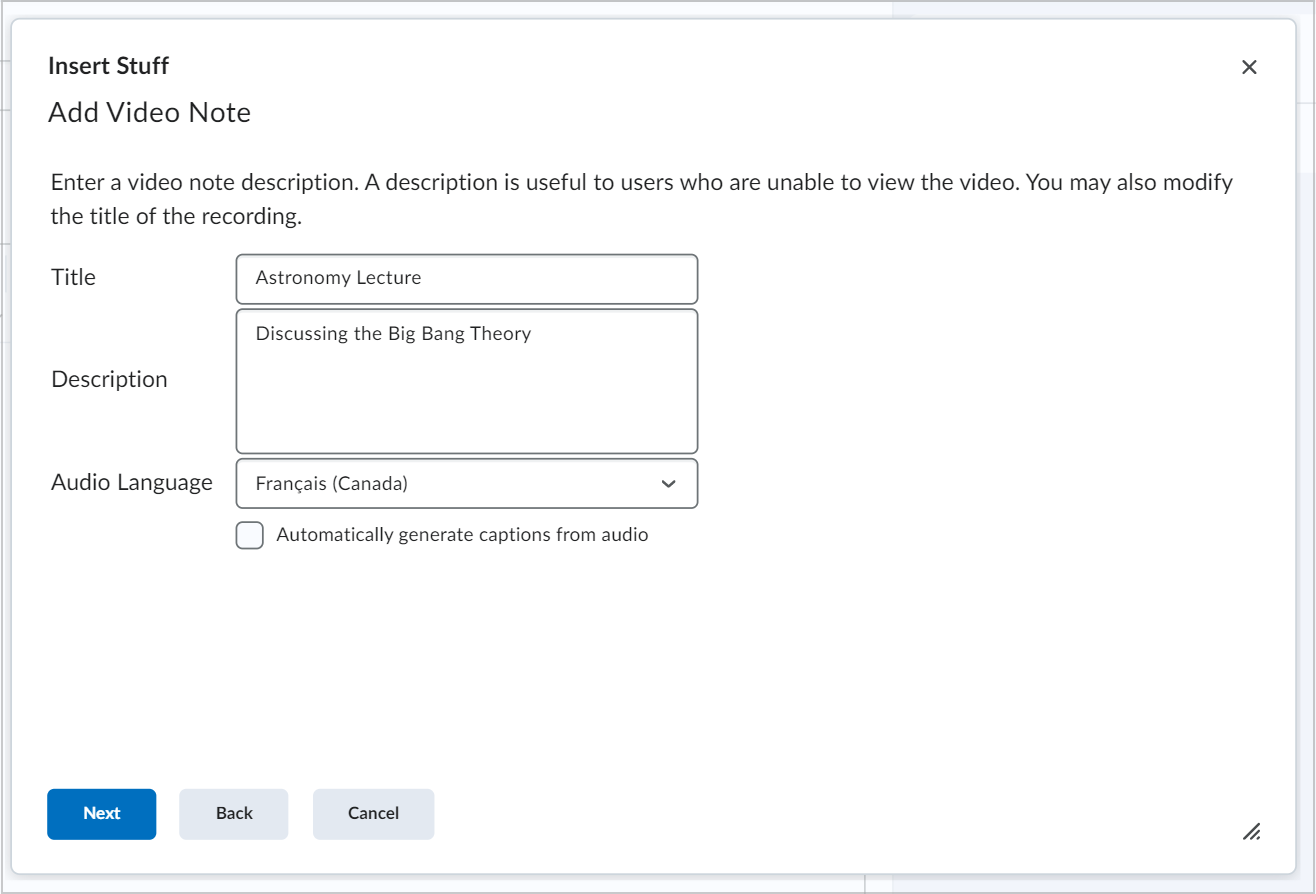 The Title, Description, and Audio Language fields for a video note.