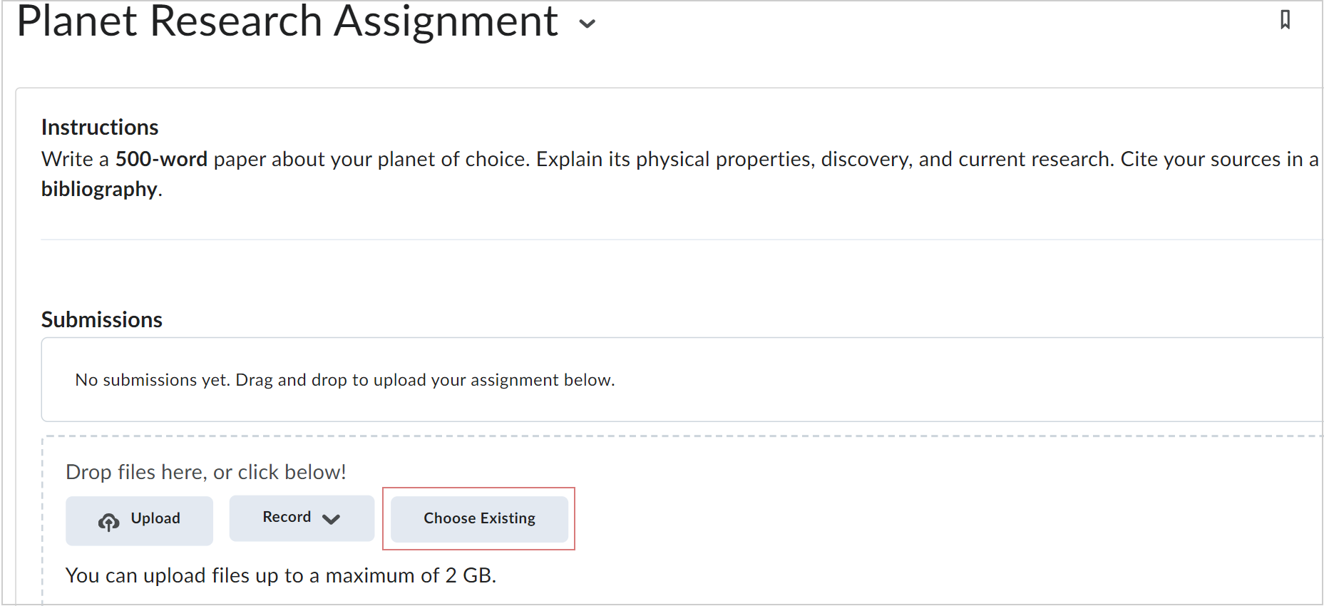 The Choose Existing option on an assignment submission page.