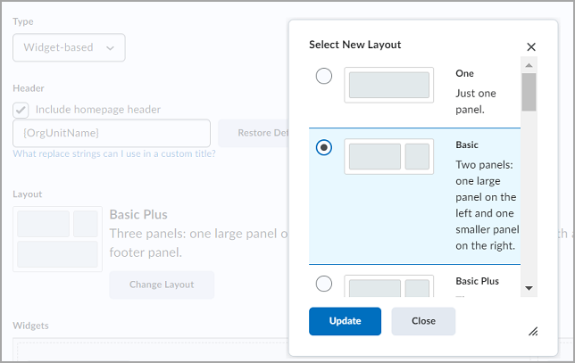 Selecting a new layout in the Select New Layout dialog