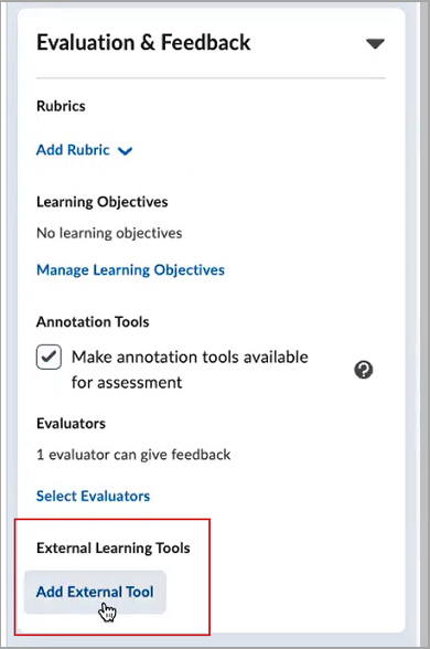 In the Evaluation and Feedback panel, the button Add External Tool is outlined in red for emphasis