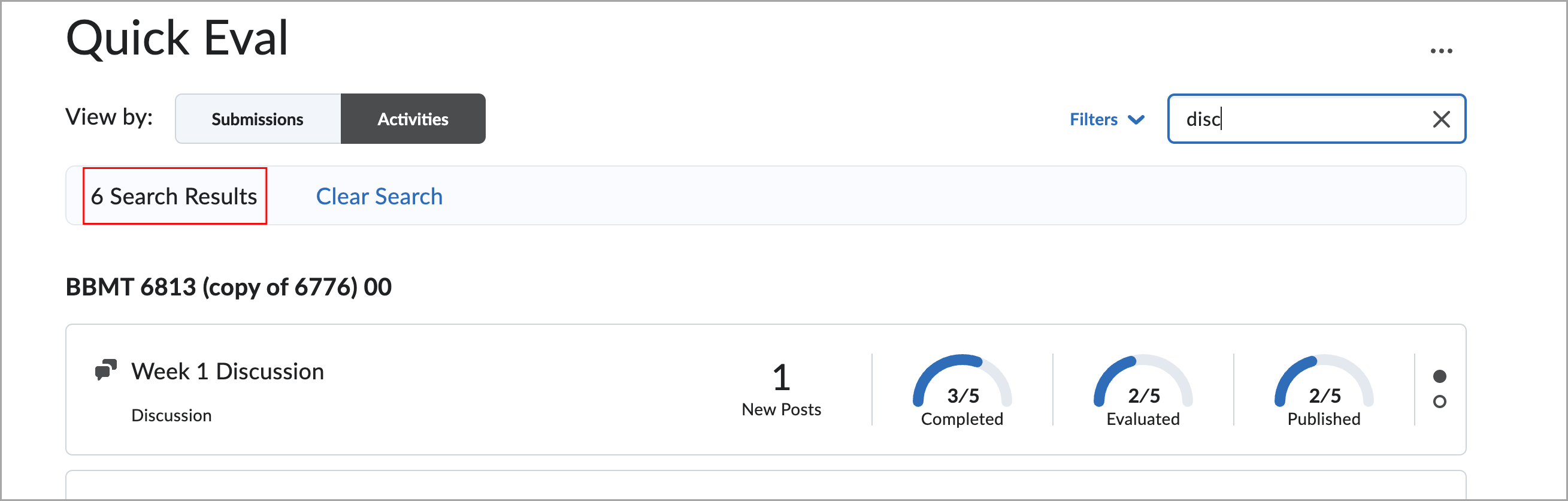 A página Avaliação Rápida na visualização de Atividades com o termo de pesquisa inserido no campo de pesquisa. Um rótulo destacado mostra o número de resultados da pesquisa.