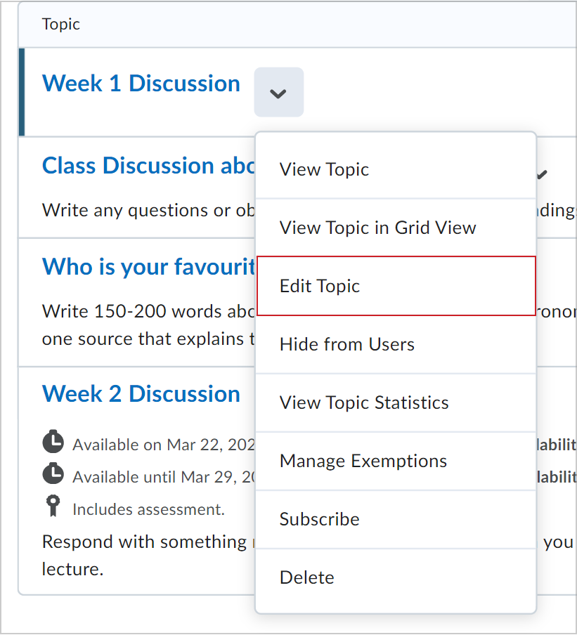 The Actions menu showing the Edit Topic option.