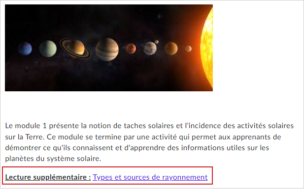 Un sujet de contenu terminé présentant le lien hypertexte vers une ressource externe dans le bas de la page.