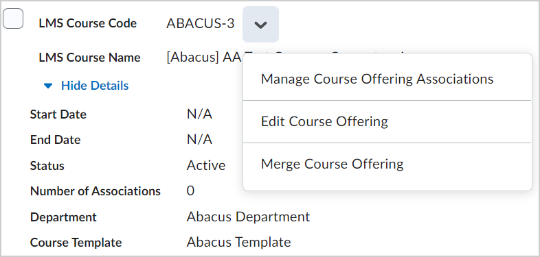 As opções do menu de contexto para um Código de curso do Sistema de gestão de aprendizagem.