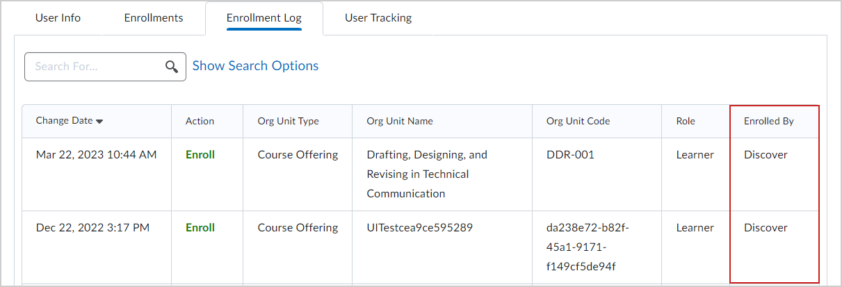 An Enrollment Log with Enrolled By set to Discover.