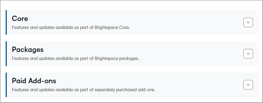 Sections Core, Progiciels et Modules complémentaires payants dans les Notes de publication de Brightspace.