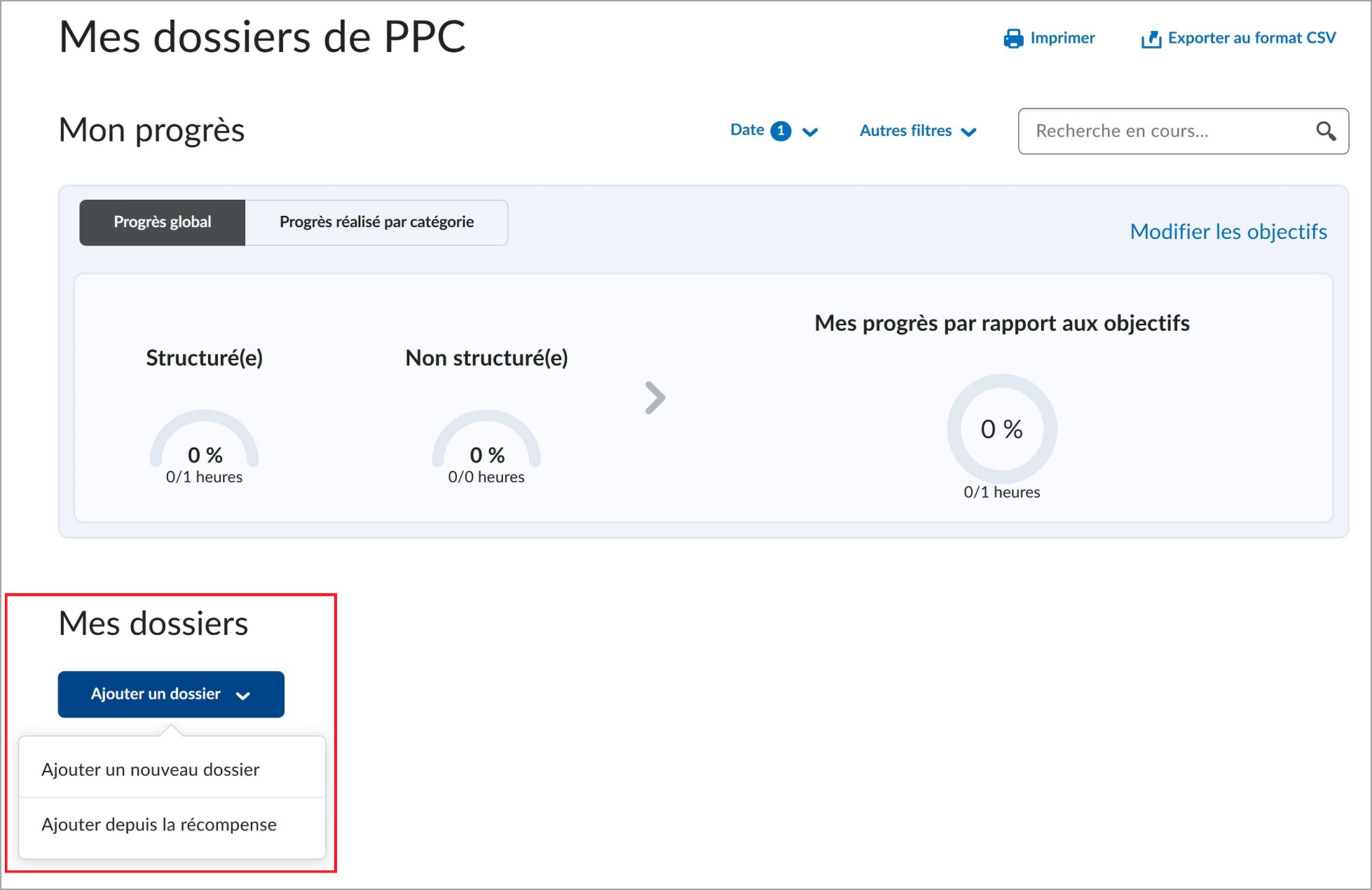 La page Mes dossiers de PPC comprend le bouton Ajouter un dossier dans son coin inférieur gauche.