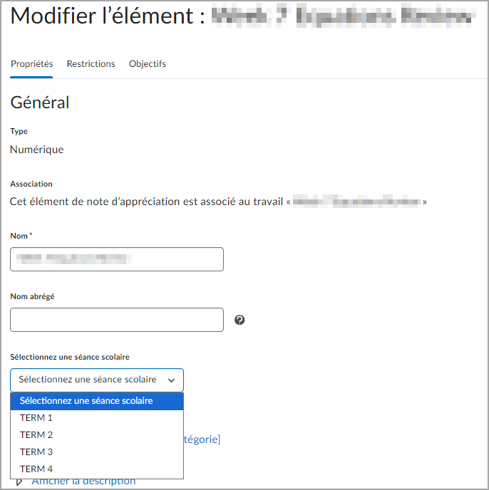 L'écran Modifier l'élément de notation affichant la nouvelle liste déroulante de sélection d'une période de notation pour Blackbaud.