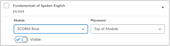 The Module and Placement drop down lists define the location of the assignment  in your destination course