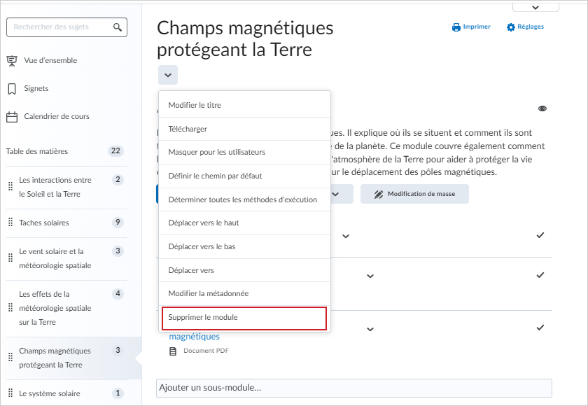 L’option Supprimer un module.