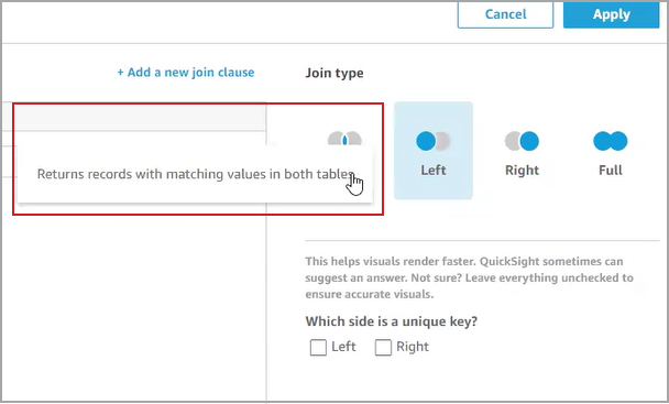 The Left join type is selected; however, the pointer is hovering over the Inner type, which displays a dialog with the description of that type.