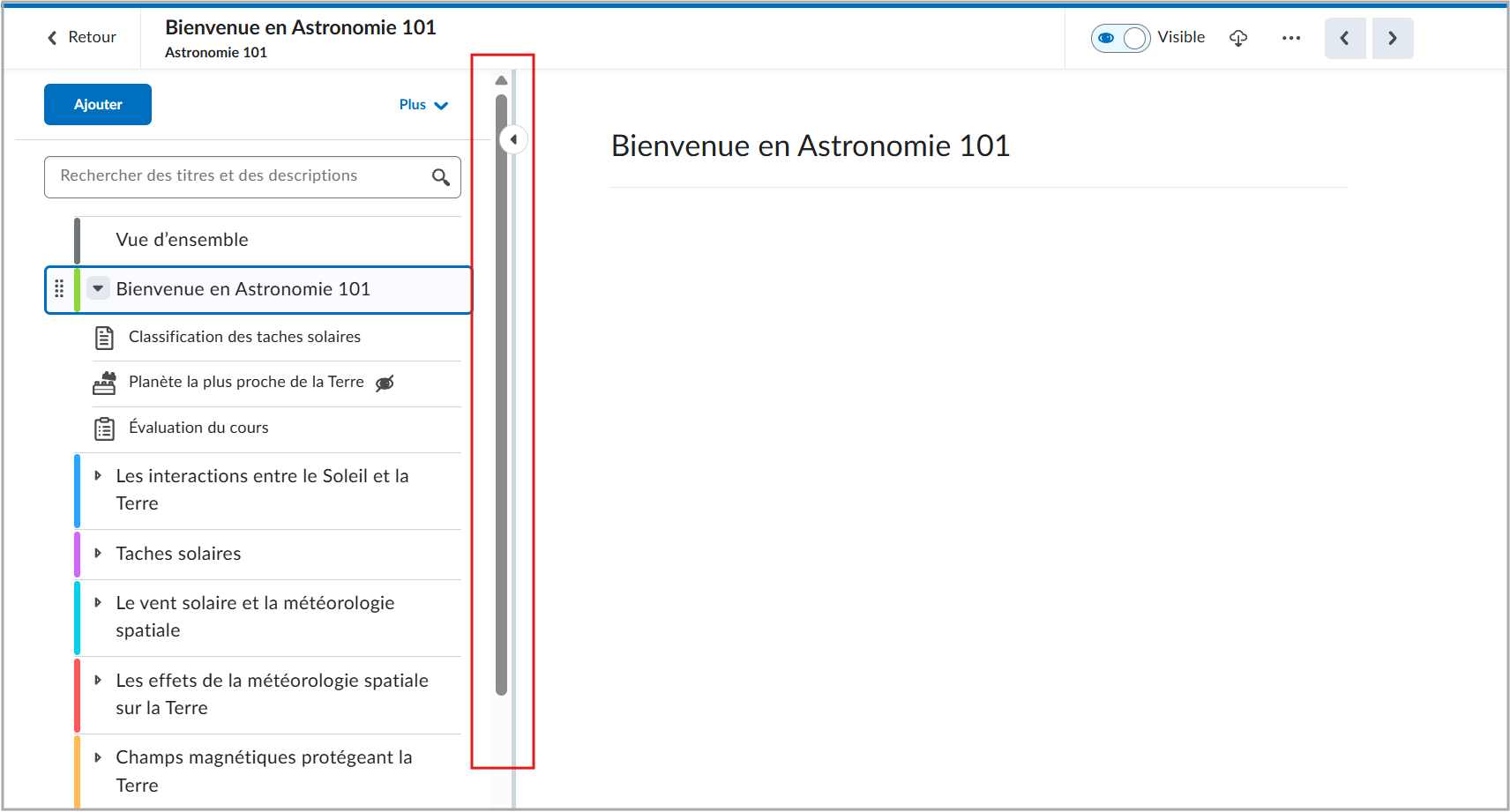 Table des matières redimensionnable affichée dans la Vue immersive