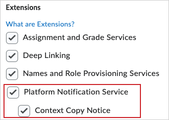 Uma imagem da seção Extensões com as opções de Notificação de plataforma e Aviso de cópia de contexto selecionadas.