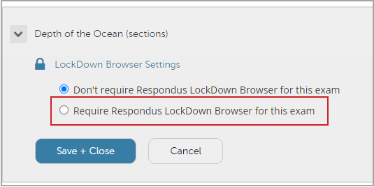 The Require Respondus LockDown Browser for this exam radio button is not selected by default.