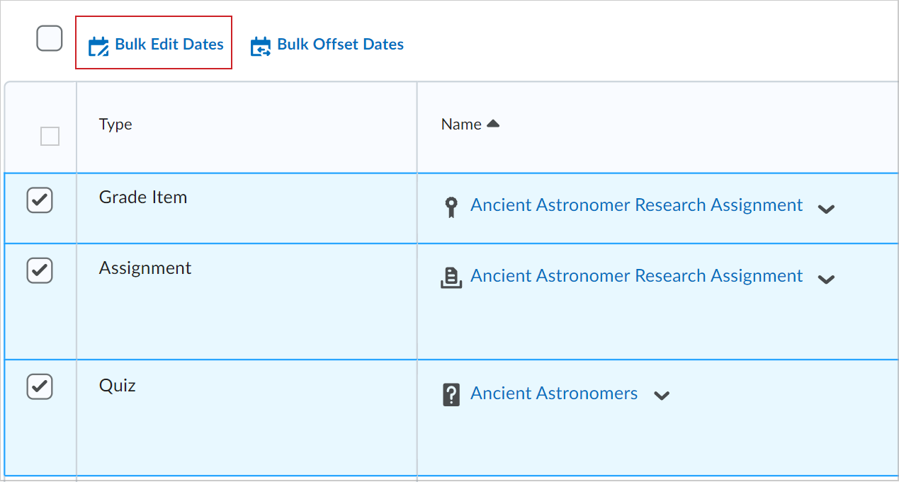 The Bulk Edit Dates option on the Manage Dates page.