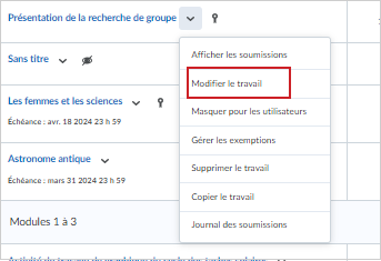 L'option Modifier le travail dans le menu déroulant Actions pour un travail.