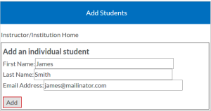 The Add Students page with the fields for adding a new learner and the Add button