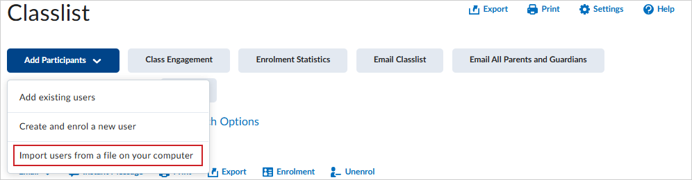 De optie Gebruikers importeren uit een bestand op uw computer van de knop Deelnemers toevoegen.