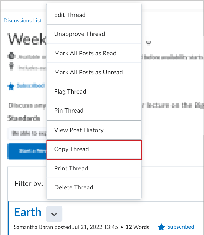 O menu Ações de um tópico de discussão mostrando a opção Copiar encadeamento.