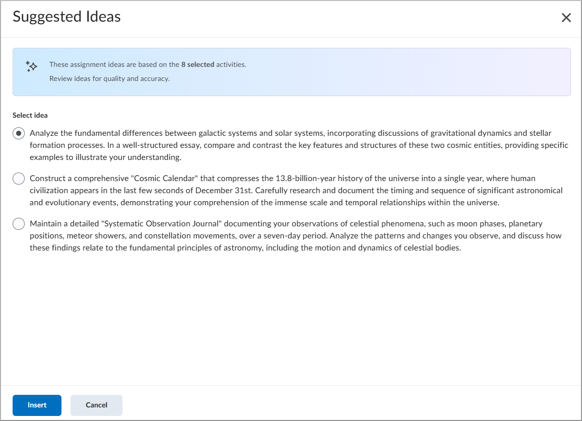 El cuadro de diálogo Ideas de indicaciones que muestra tres ideas para una asignación.