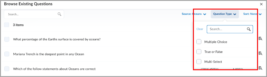 The updated filter selector with a search bar highlighted in Question Library.