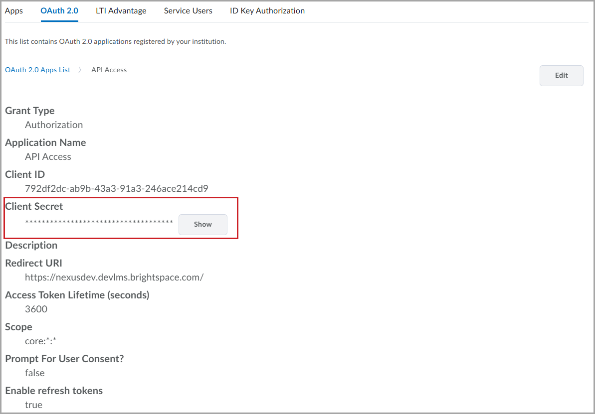 OAuth 2.0 app registration details with the Client Secret masked and a Show button.