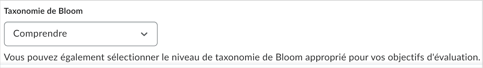 Le menu déroulant Taxonomie de Bloom affichant l'option sélectionnée comme Compréhension