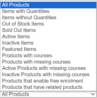 The All Products menu showing the filter options for a product search