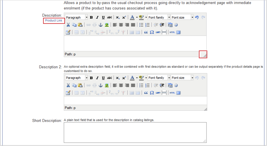 The Product Editor fields for changing the product Description, Product Link, and Path