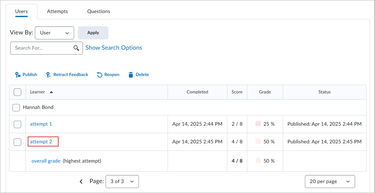 The Users tab indicating a retaken quiz attempt for the learner.