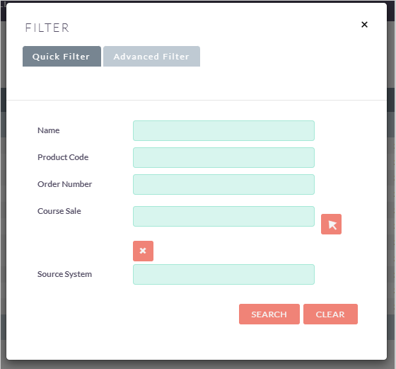 The Filter dialog for Course Sale Items showing the Quick Filter and Advanced Filter tabs