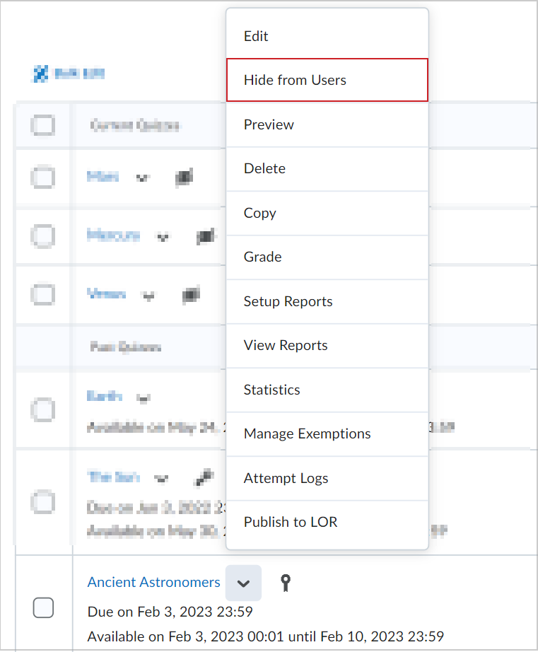 The Actions menu for a quiz showing the Hide from Users option.