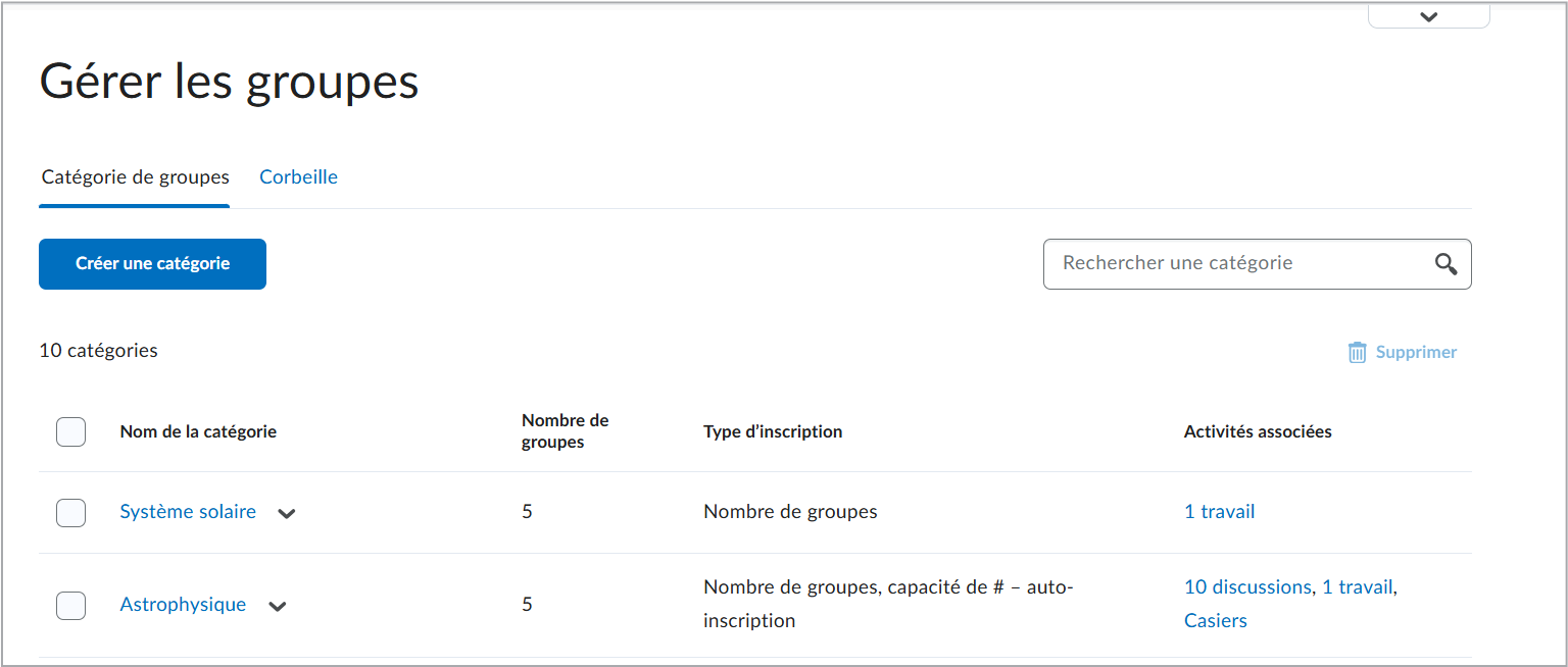 La page Gérer les groupes, dans laquelle l'onglet Catégorie de groupe offre des options permettant de créer ou de rechercher des catégories, ainsi qu'un tableau répertoriant deux catégories de groupe.
