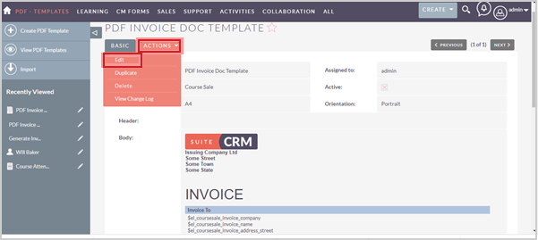 The Actions drop-down menu with the Edit option for a PDF Invoice Doc Template